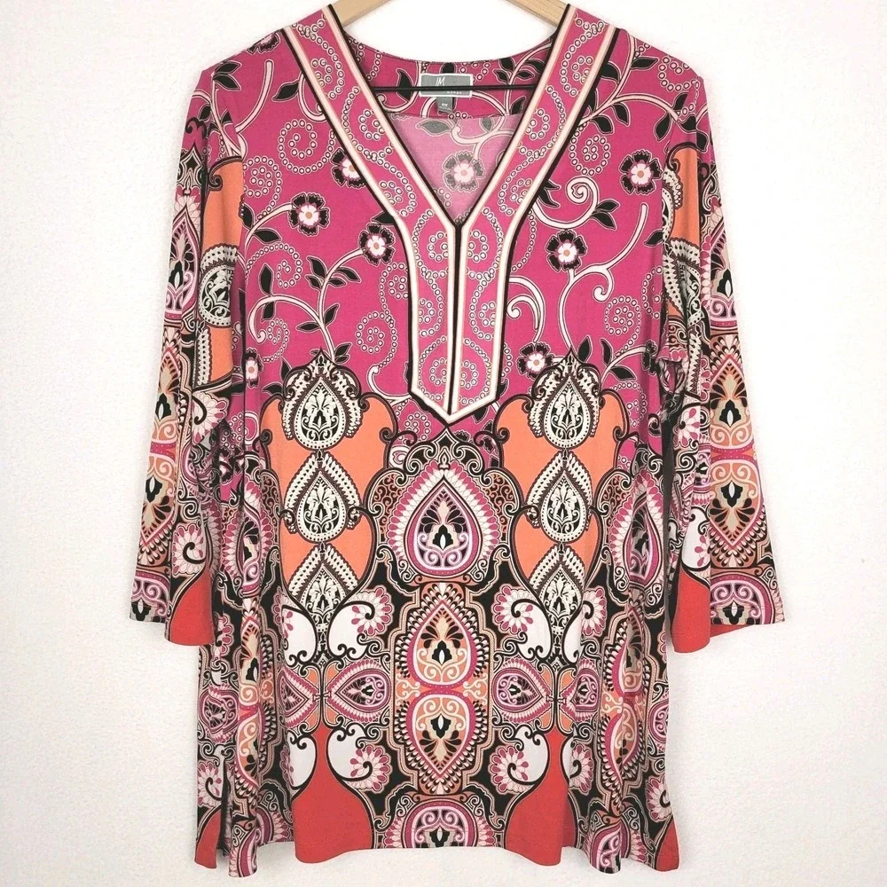 JM Collection Women's Tunic Top 0X Pink Paisley Beaded Boho Glam Whimsical